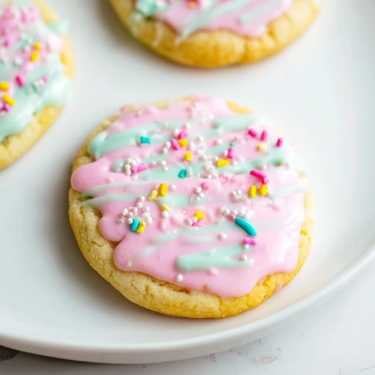 Fresh-baked sugar cookies with a delicate vanilla icing drizzle perfect for sharing and enjoying.
