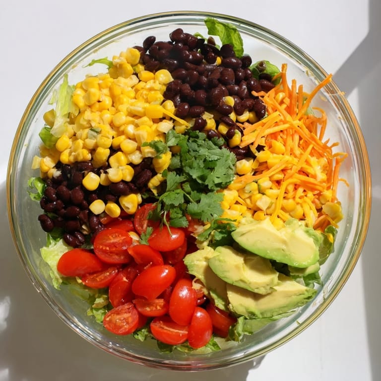 A layered Southwest Sunset Palette salad shows off bright colors, including yellow peppers and flavorful black beans.