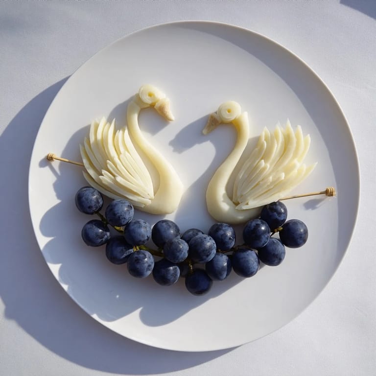 Beautiful shot of the Elegant Swan Lake Board with crisp crackers and fresh fruit.