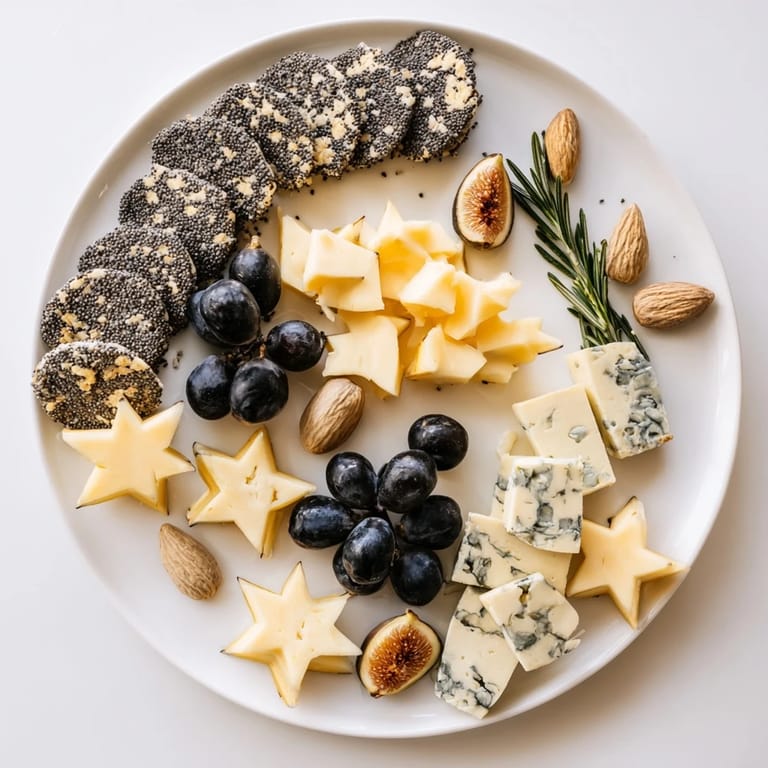 This Crescent Moon & Stars Cheese Board displays a rich assortment of cheeses and crackers artfully, perfect for a party.