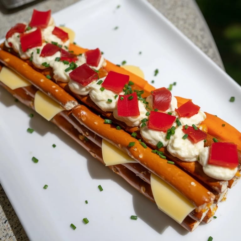 A hearty Log Cabin made with pretzel "logs" and cheese, served with fresh chives and crackers nearby.