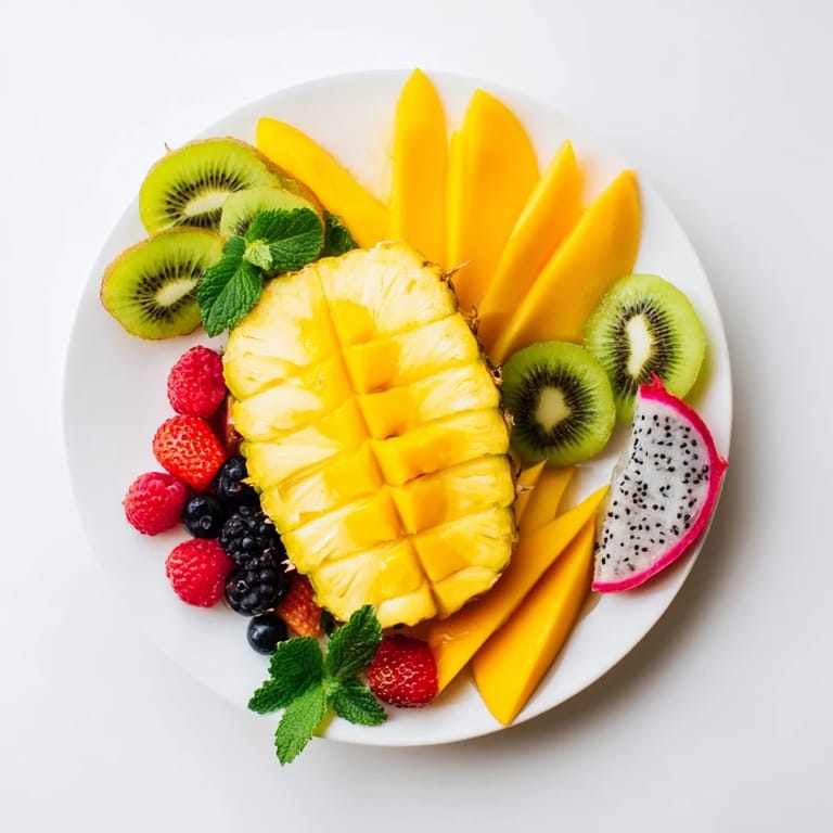 Glistening slices of fruit burst forth from a pineapple half, a stunning Tropical Pineapple Paradise dessert.