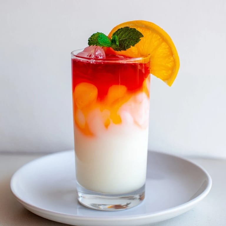 Enjoy a cool Alpine Sunrise, a beautiful mocktail with orange slices and mint sprigs.