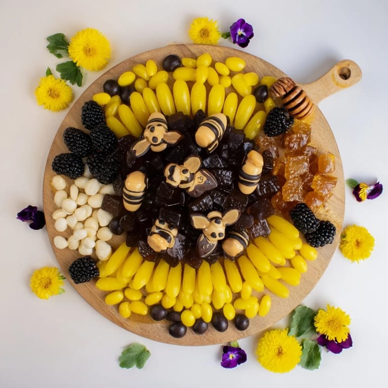 Vibrant Bumblebee Candy Board, a delicious dessert with yellow, black, and fresh fruit for everyone.