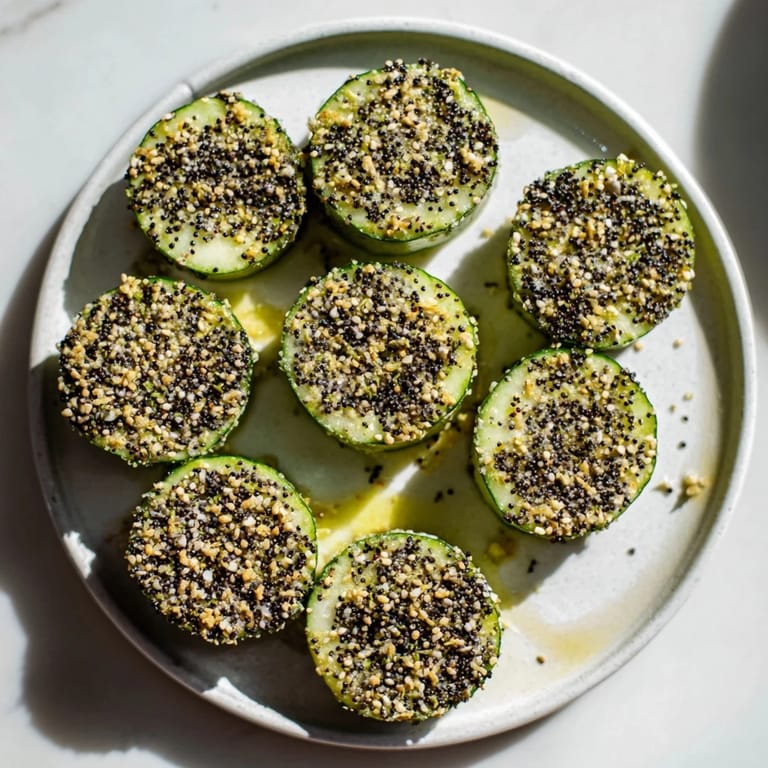 A close-up view of a quick Cucumber Shaker, boasting the delicious crunch and flavor of everything bagel seasoning.