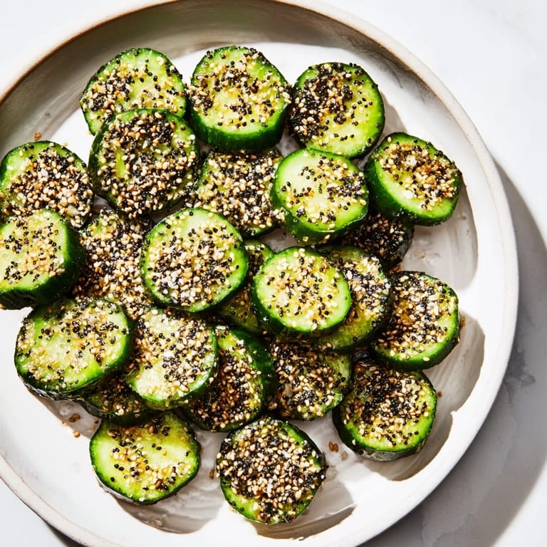 Vibrant green cucumber rounds coated in savory everything bagel seasoning—a refreshing, low-carb Cucumber Shaker.