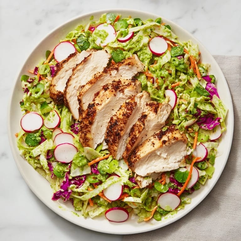 This Green Goddess Cabbage Slaw shows off a creamy green dressing complementing grilled chicken slices.