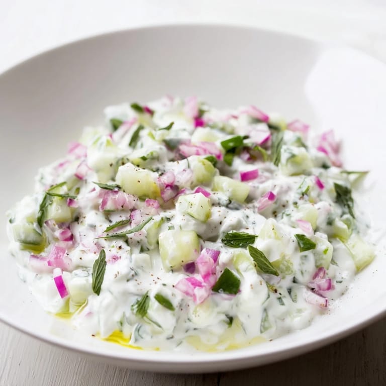 A bowl overflowing with cooling Cucumber and Greek Yogurt Tzatziki Salad, a simple, delicious Greek-inspired delight.
