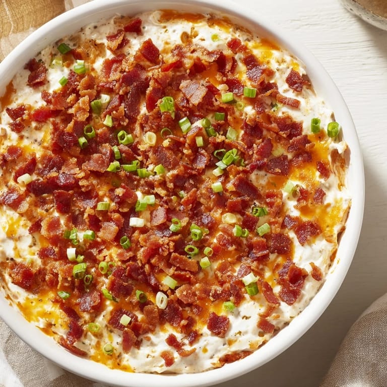 Golden-brown, crispy bacon bits garnish the warm, savory Cheesy Bacon Ranch Dip, perfect for sharing.