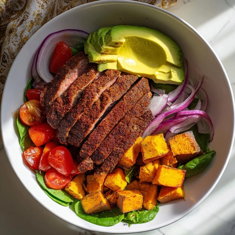 Perfectly cooked beef and roasted sweet potatoes in a satisfying beef avocado sweet potato bowl, ready to enjoy.