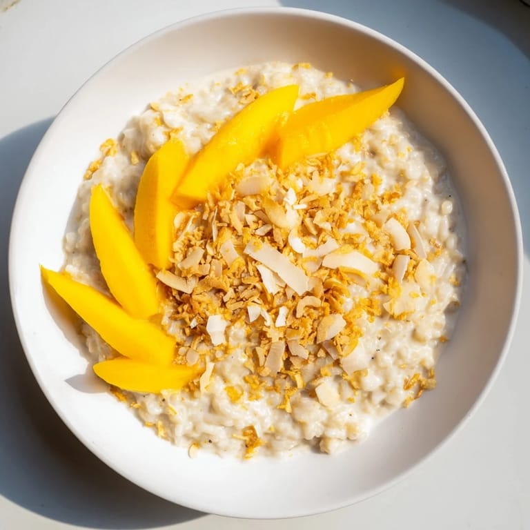 A bowl of delicious toasted coconut rice pudding, ready to be enjoyed with fresh tropical fruit.