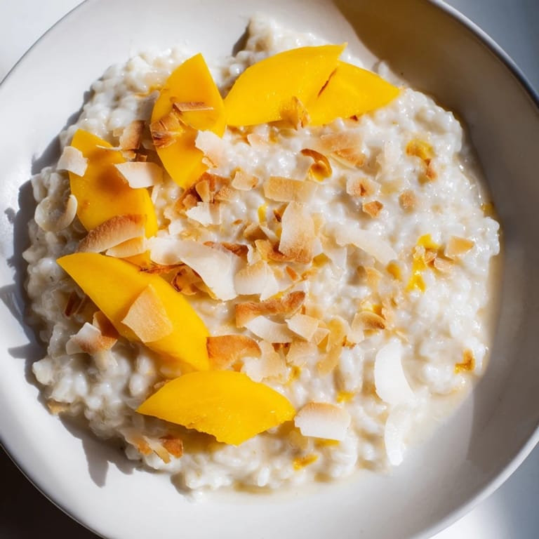 The enticing aroma of toasted coconut rice pudding, a delightful dessert with a hint of cinnamon.