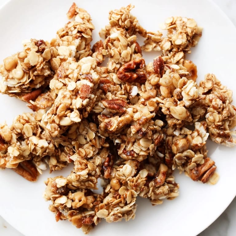 Delectable Honey Nut Granola Clusters offer a sweet, crunchy start to your morning breakfast bowl.