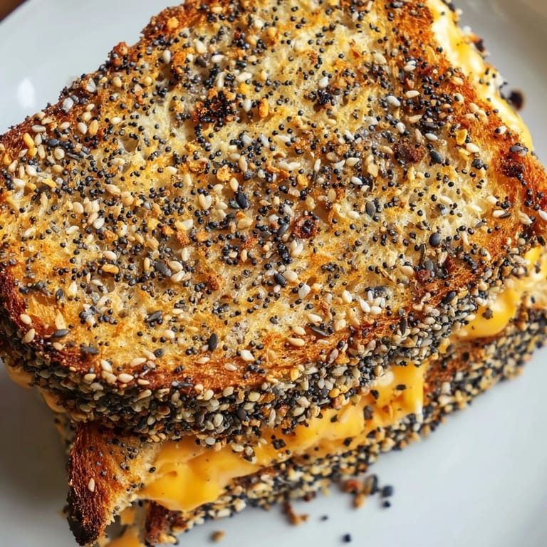 Close-up of a crispy Everything Bagel Grilled Cheese, showcasing the savory everything bagel seasoning.