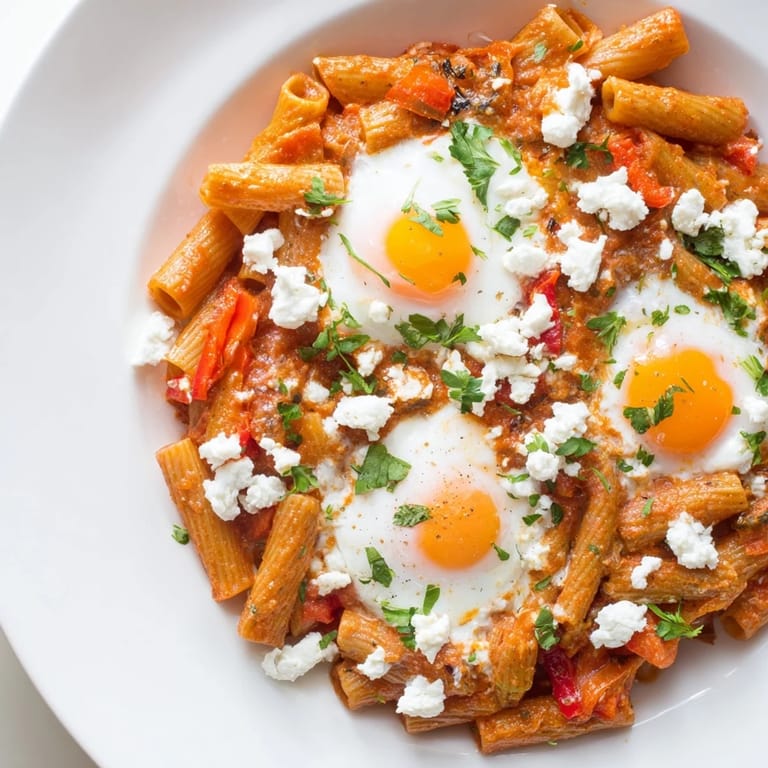 Rich, saucy Quick Shakshuka Pasta, featuring perfectly-cooked eggs nestled in a medley of vegetables and pasta.