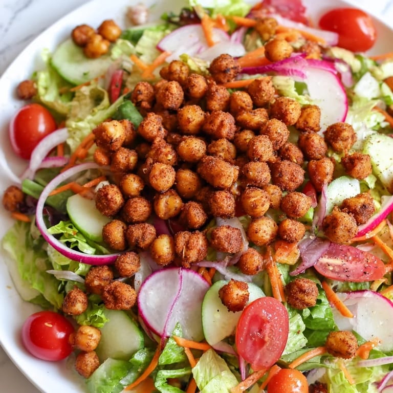 Golden, oven-baked Crispy Chickpea Croutons topping a refreshing Mixed Greens Salad presentation.