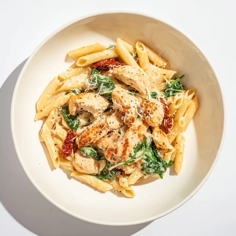 A fork twirls through this Creamy Tuscan Chicken Pasta, showcasing its rich, creamy sauce and flavorful ingredients.