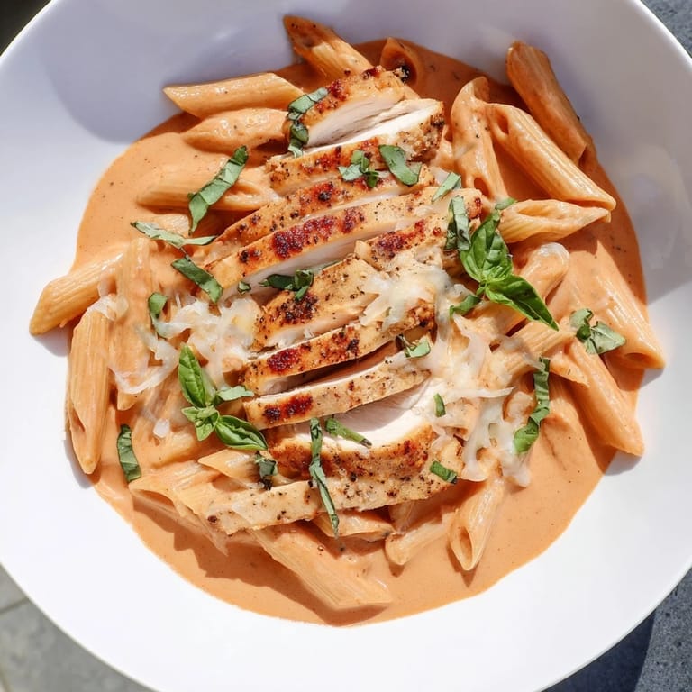 A vibrant photo of creamy tomato basil chicken pasta, showcasing tender chicken and penne.