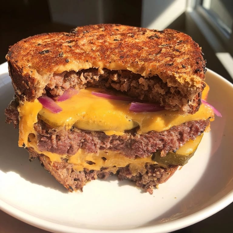 Savory and cheesy smashed burger grilled cheese ready to be sliced and devoured.