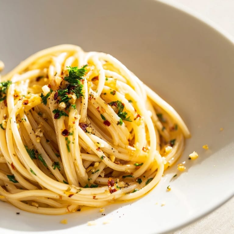 Savory plate of Aglio e Olio Express Pasta: Spaghetti bathed in olive oil and chili, simply delicious.