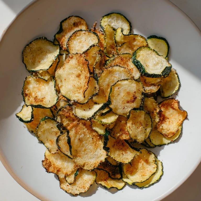 Freshly seasoned crispy zucchini chips with a satisfying crunch, perfect for dipping or enjoying anytime.