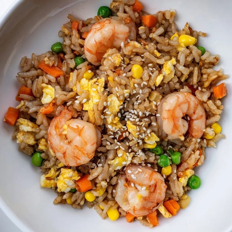 Savory shrimp fried rice: a delicious, easy meal, ready in just twenty minutes from scratch.
