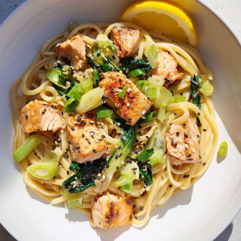 Savory miso butter salmon pasta, perfectly plated with a garnish of green scallions and sesame seeds.