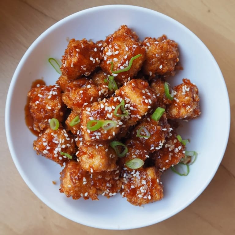 A close-up of steaming Honey Sriracha Tofu Nuggets, ready to be enjoyed with sesame seeds.