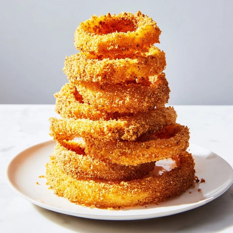 Imagine the perfect crunch: Homemade crispy onion ring tower, expertly fried until perfectly golden.