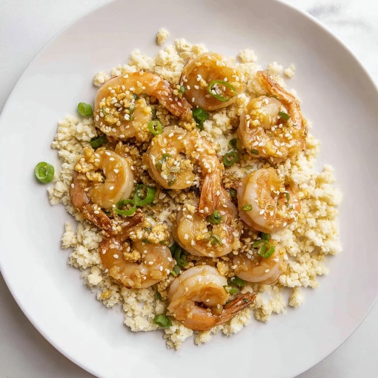 Close-up of freshly made ginger garlic shrimp bowls with a savory soy drizzle and lime wedges alongside.
