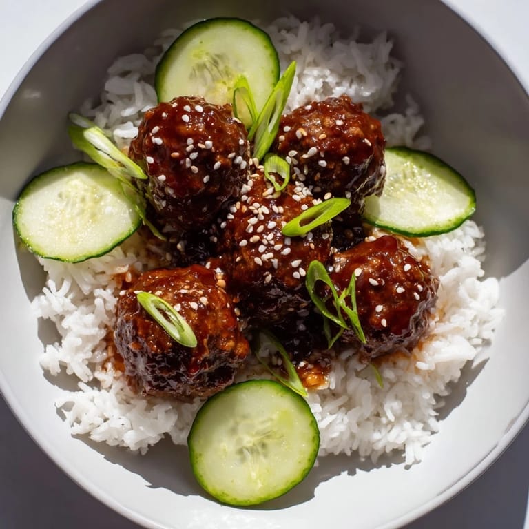 Aromatic teriyaki meatball bowls with sesame seeds and green onions on fluffy white rice for dinner.