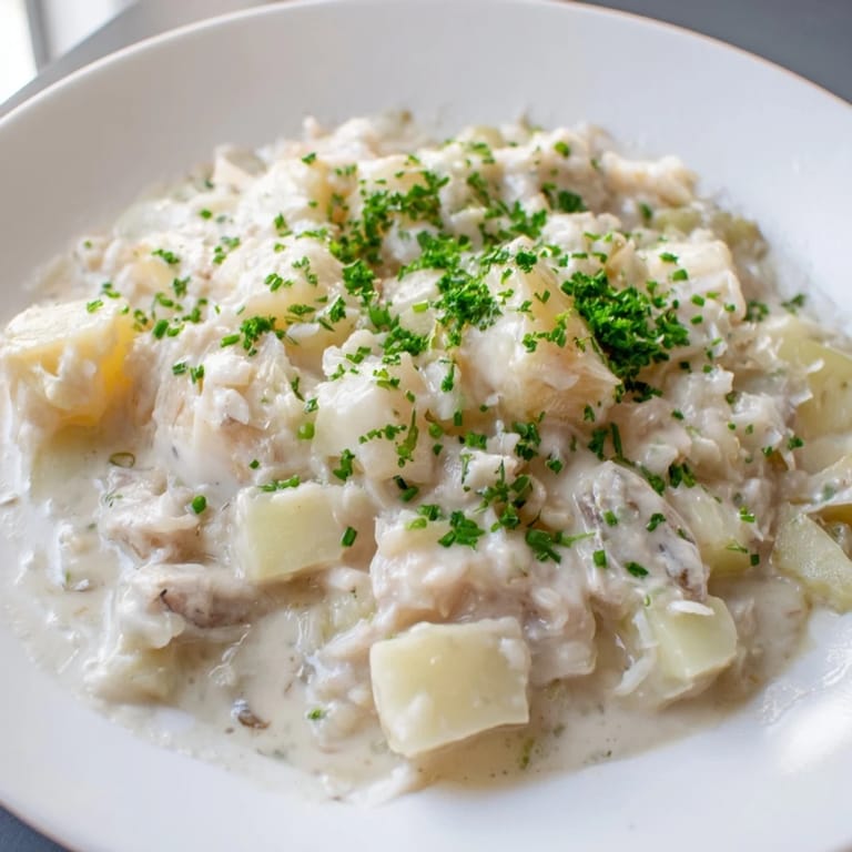 A close-up of a hearty Icelandic Fish Stew, showcasing tender fish and potato chunks.