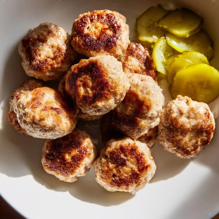 Savory Danish Frikadeller, juicy pork meatballs with a hint of allspice, ready with a side of rye bread.