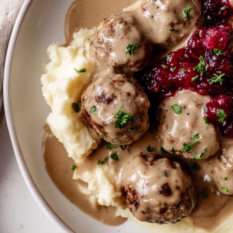 A close-up shot of homemade Swedish Meatballs, deliciously tender and coated in rich, brown gravy.