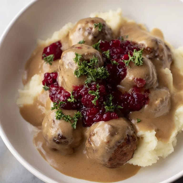 Mouthwatering Swedish Meatballs with hints of warm spices, alongside a dollop of vibrant lingonberry jam.
