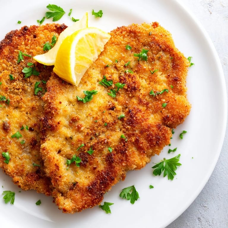 A close-up shot of crispy, delicious German schnitzel cutlets, garnished with parsley, ready to eat.