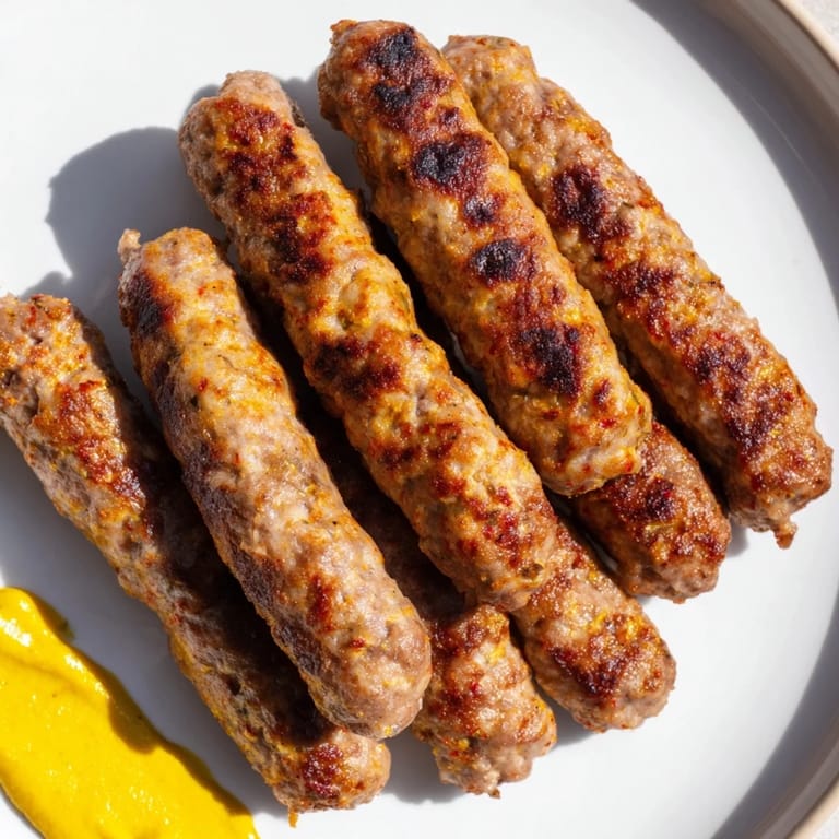 Savory Romanian mici made with beef, pork, and lamb, cooked on the grill for perfect flavor.