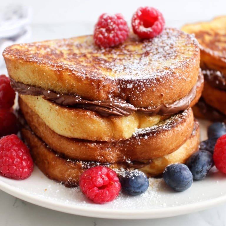 Dipped brioche bread oozing Nutella, cooked to perfection, showcasing this sweet Nutella Brioche French Toast.