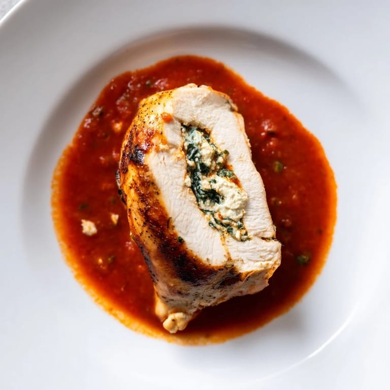 Tender baked Spinach Ricotta Stuffed Chicken breasts, sliced to reveal a creamy spinach and ricotta filling, paired with crusty bread.