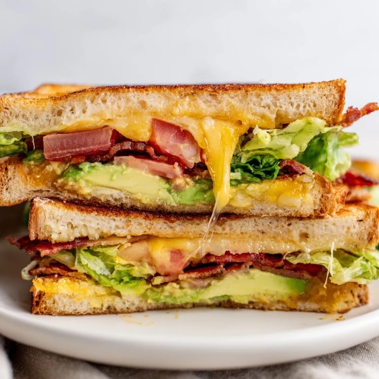 Avocado BLT Grilled Cheese sandwich cut diagonally, revealing layers of gooey melted cheese, avocado, lettuce, tomato, and crunchy bacon between golden toast.
