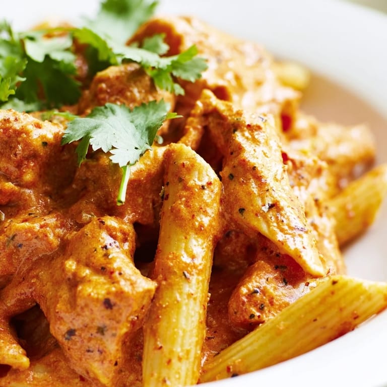 Vibrant plate of Chicken Tikka Pasta featuring al dente penne and aromatic Indian-Italian fusion flavors.