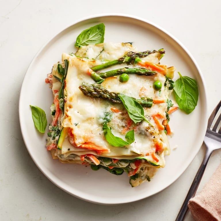 Freshly baked Spring Veggie Alfredo Lasagna in a dish, garnished with basil, ready to serve alongside a green salad.