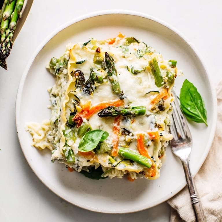 Close-up of Spring Veggie Alfredo Lasagna with no-boil noodles, colorful spring vegetables, and a golden, bubbly Parmesan topping.