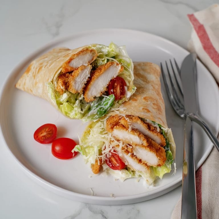 A handheld Hot Honey Chicken Caesar Wrap, perfectly rolled with crunchy croutons and cherry tomatoes, served on a wooden plate.