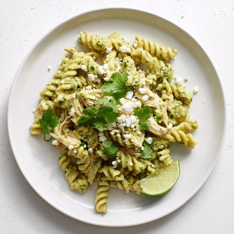 Tender rotini pasta and juicy chicken tossed in a tangy cilantro-lime sauce, served with crumbled feta cheese.