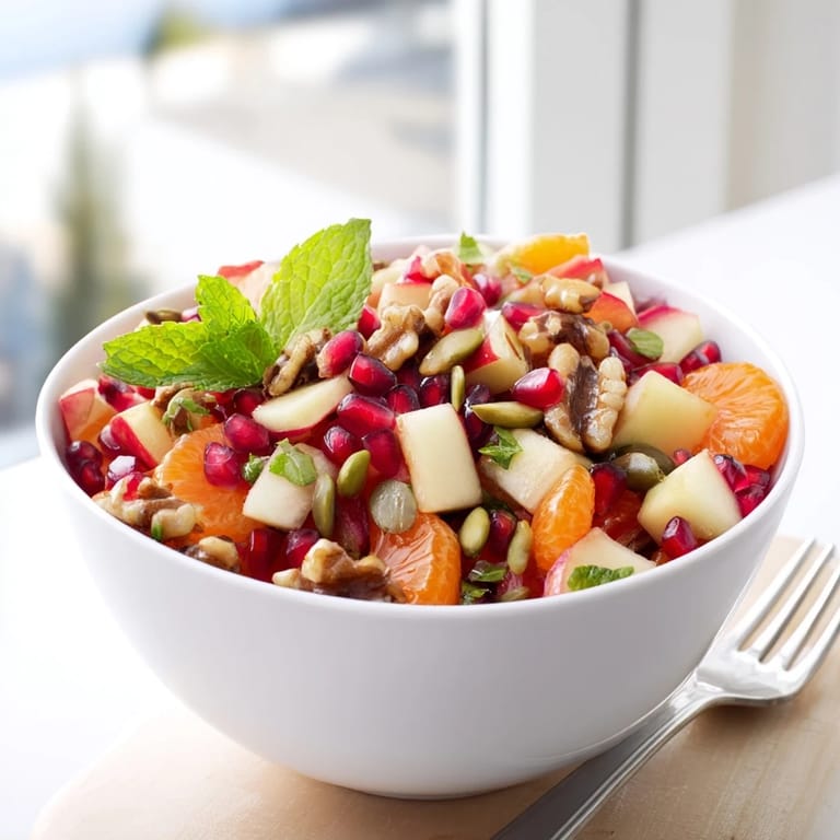 Vibrant Pomegranate and Walnut Salad garnished with fresh mint, showcasing juicy pomegranate arils and toasted walnuts on a serving platter.