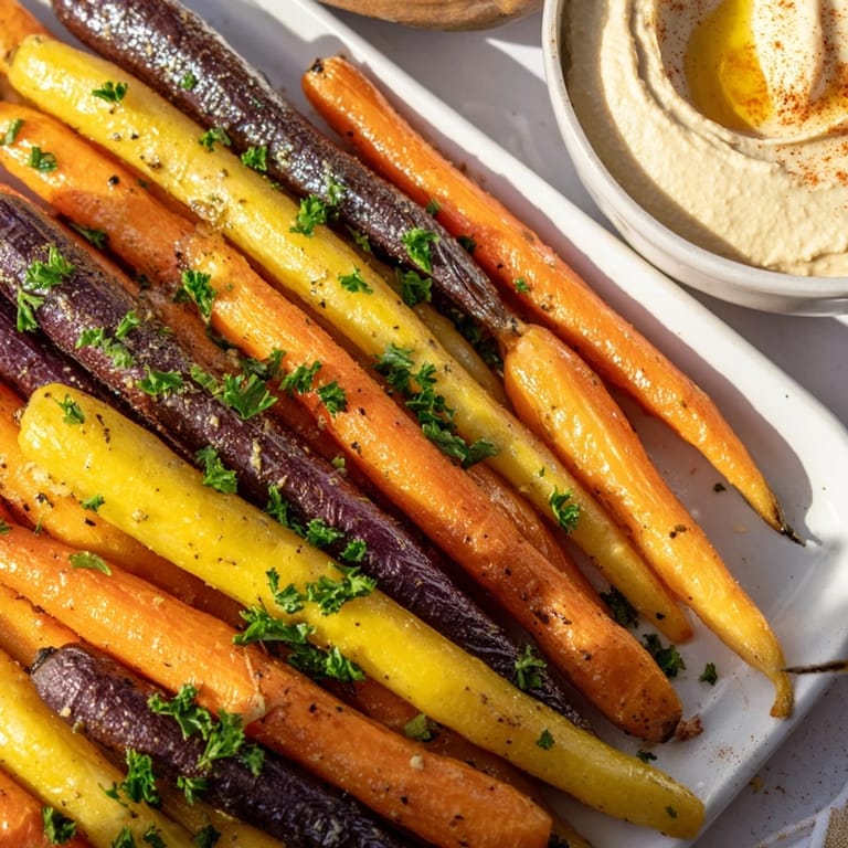 Oven-baked rainbow carrots with smooth hummus garnished with parsley and smoked paprika for a vibrant snack.