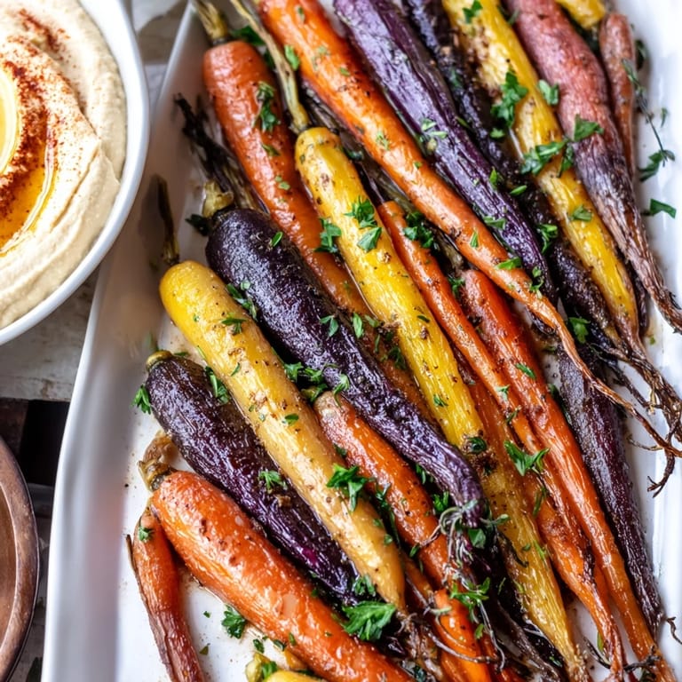Colorful roasted rainbow carrots paired with rich, homemade hummus, perfect for dipping and healthy appetizers.