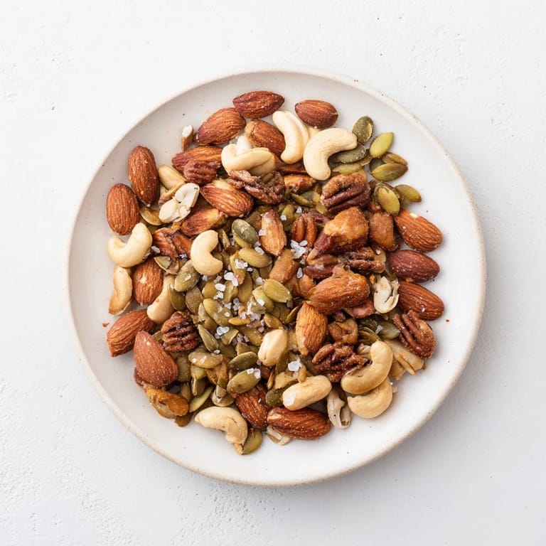 A close-up of the glazed Spiced Nuts and Seeds Mix, showing warm turmeric and paprika spices coating the toasted walnut halves.