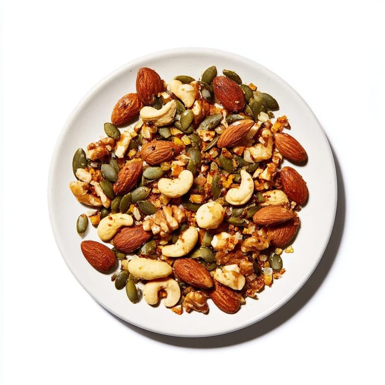 Hearty Spiced Nuts and Seeds Mix served in a rustic bowl, perfect for gluten-free snacking or topping a fresh garden salad.